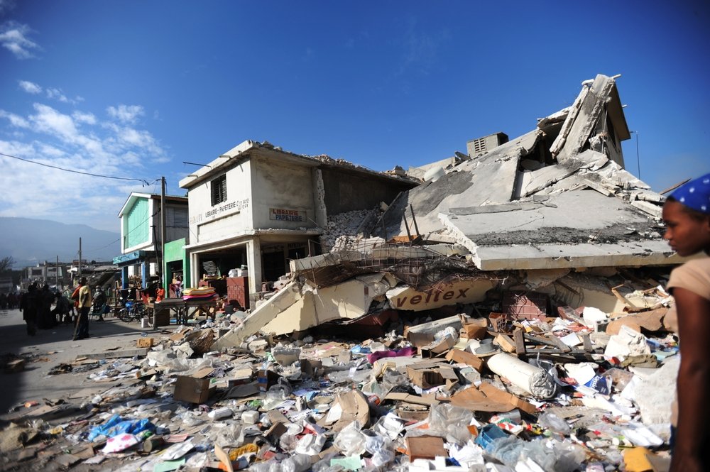 Collapsed building and rubble in Port-au-Prince city centre.