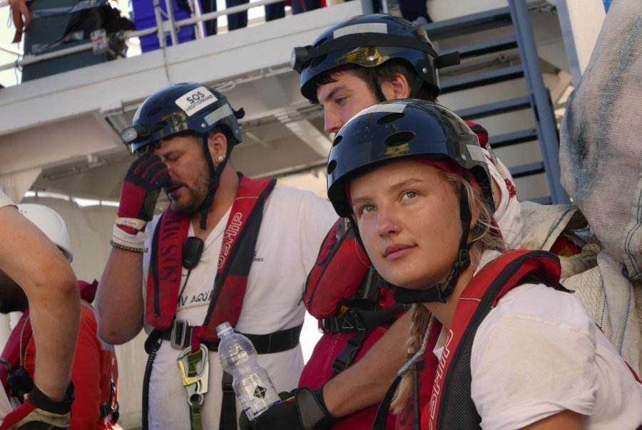 After being at sea for seven days, Aquarius is instructed by the Maritime Rescue Coordination Centre in Rome to carry out rescues of four rubber boats on 18 May. The SOS Méditerranée team, pictured here, prepare to launch the RHIBs.