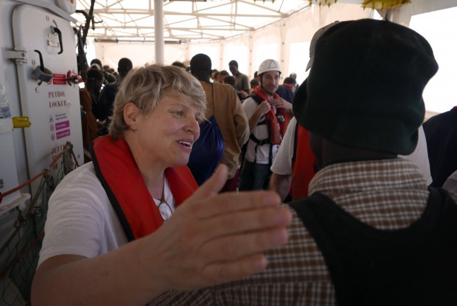 MSF operations manager Annemarie Loof welcomes survivors on board Aquarius, 18 May 2017.