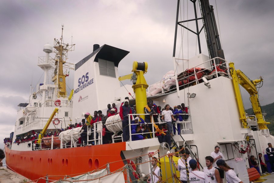 Aquarius docks in the port of Vibo Valentia on 20 May 2017. The 560 people rescued by MSF and SOS Mediterranee wait to disembark and begin their new lives.