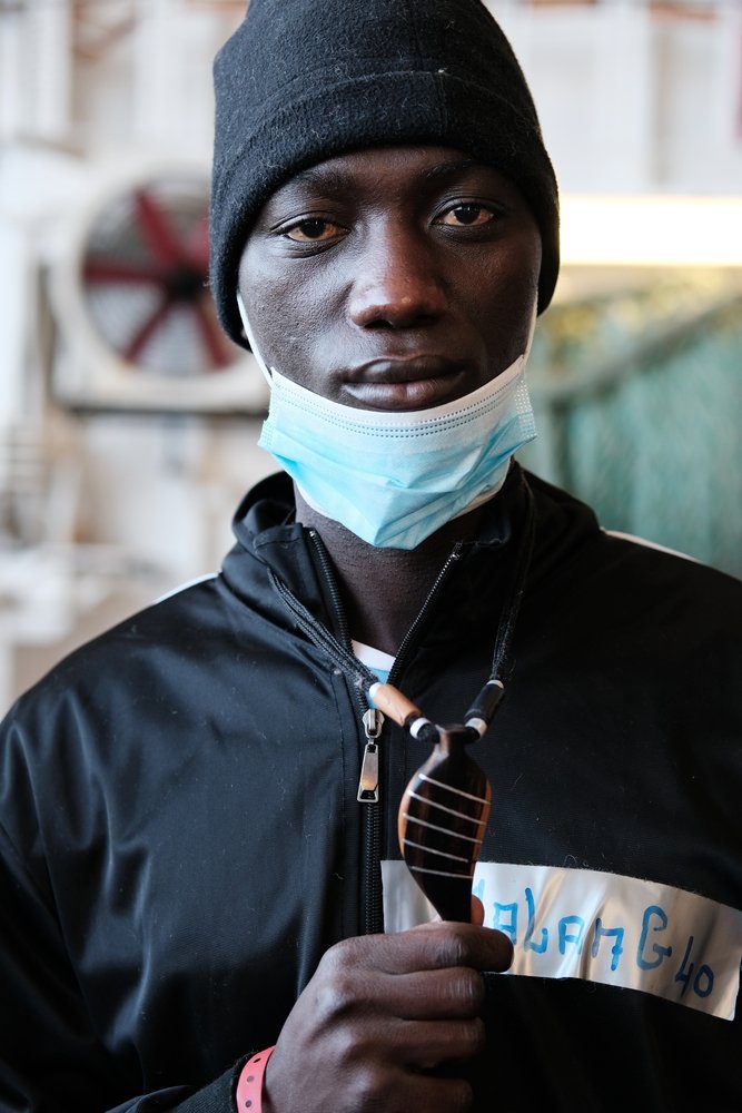 Malang, a survivor from Senegal, on the Geo Barents. March 2022.