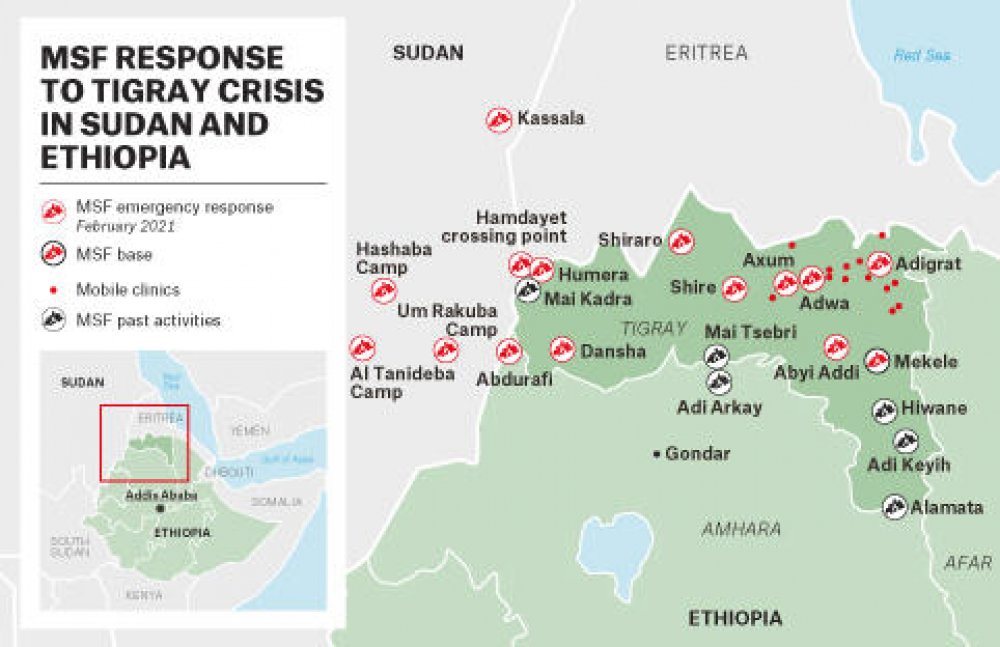 Map detailing the MSF response to the Tigray crisis in Sudan and Ethiopia © MSF