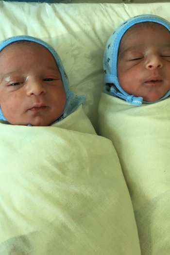 Newborn twins Ayman and Ayham, born in Houban, Yemen