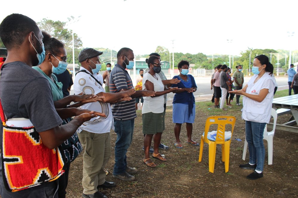 MSF are taught the basics of how to thoroughly wash hands using soap or sanitizer by MSF staff during a training in safe use of PPE which is held in Port Moresby for newly hired staff members.