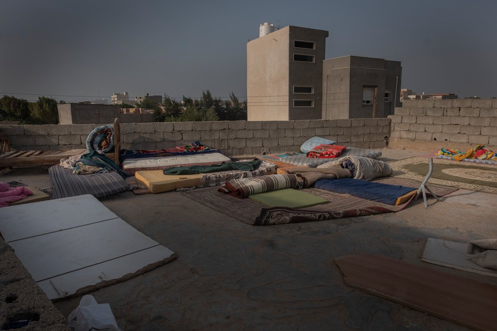Mattresses extended on the floor in a shared dwelling in Saraj, Libya, where a group of migrants and refugees live together. (August, 2021).