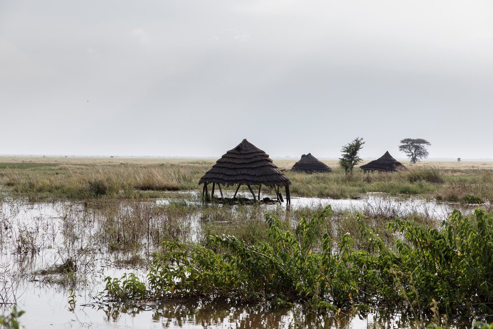 Flooded tukuls are seen near Aweil, South Sudan, October 27th, 2021.