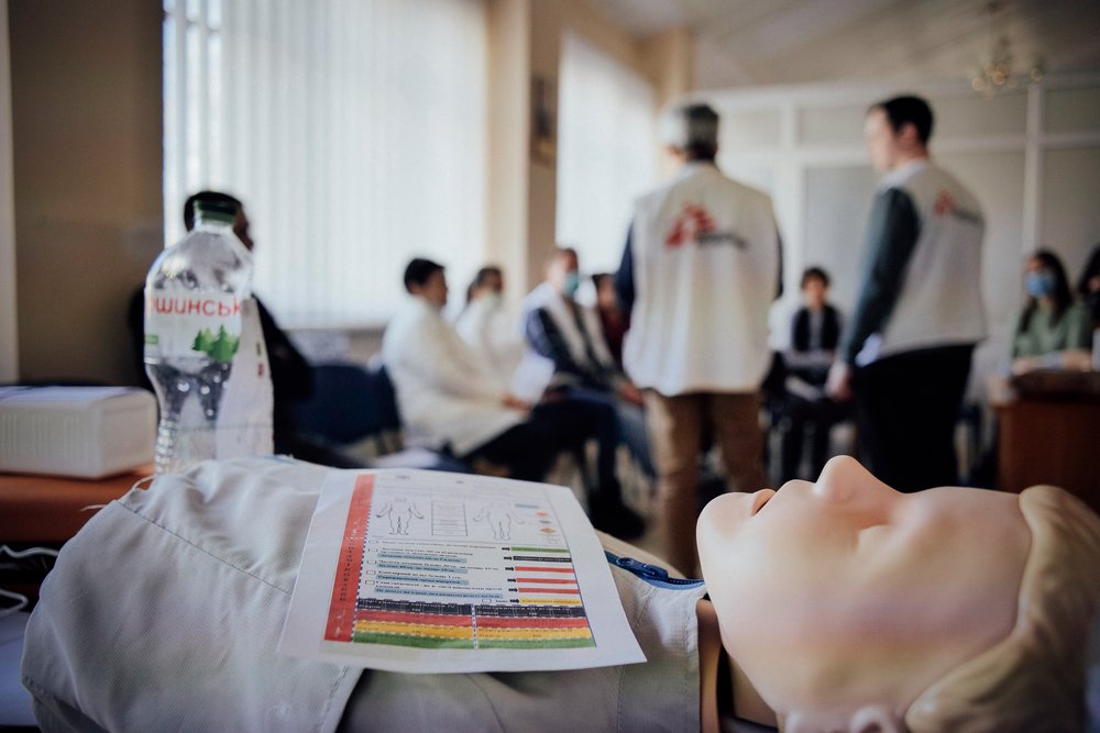 View of a training to manage mass influx of wounded given by MSF Staff. (March 2022).