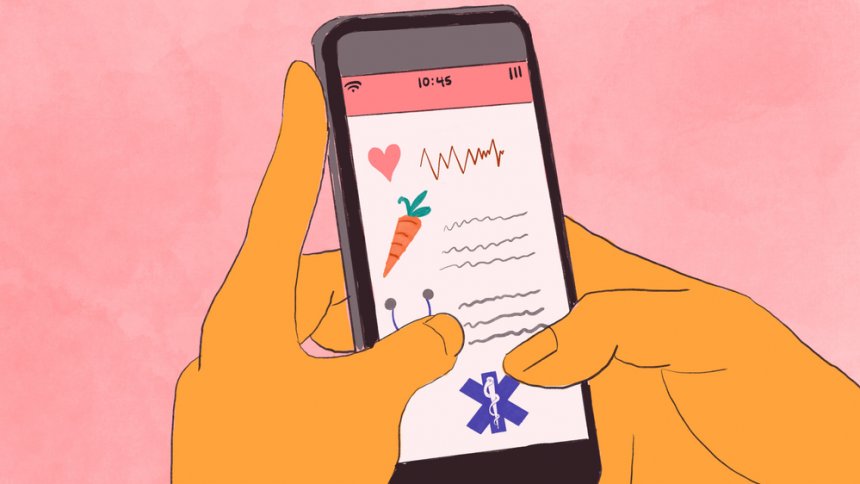 Illustration of a woman accessing self-care through a mobile app.