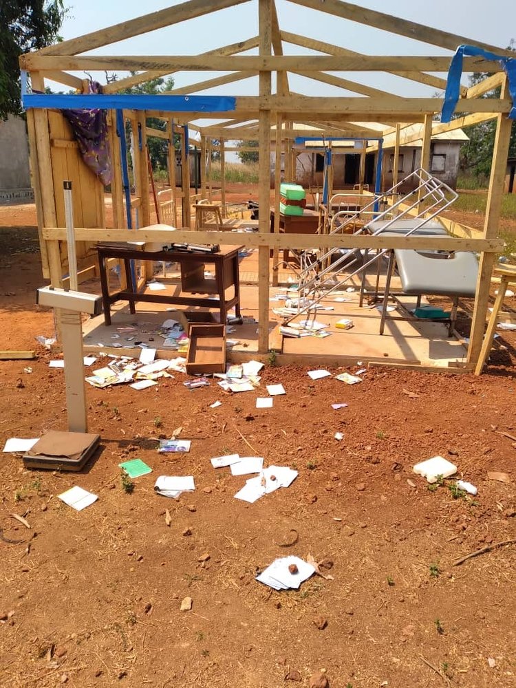 A local health centre looted and destroyed by armed groups in a small village near Bossembele, Central African Republic, on January 2021.