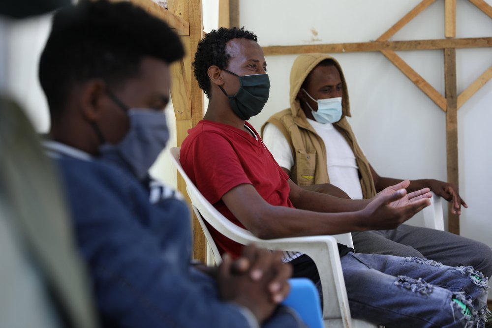 A group session at the therapeutic counselling centre in Addis Ababa. The mental health team provide individual and group therapy to empower returnees with coping strategies to manage common mental health symptoms. 