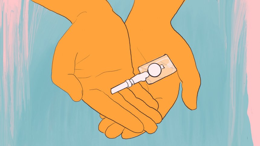 Illustration of a woman holding a self-injectable contraceptive device.