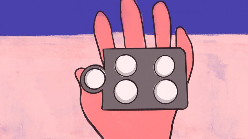 Illustration of a woman holding the medication for a self-managed abortion.