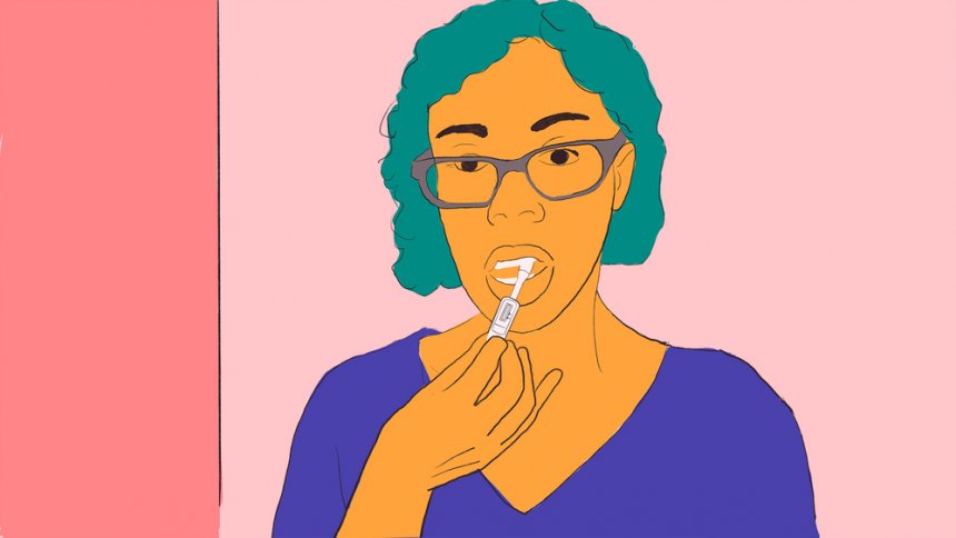 Illustration of a woman performing an oral self-test for HIV.