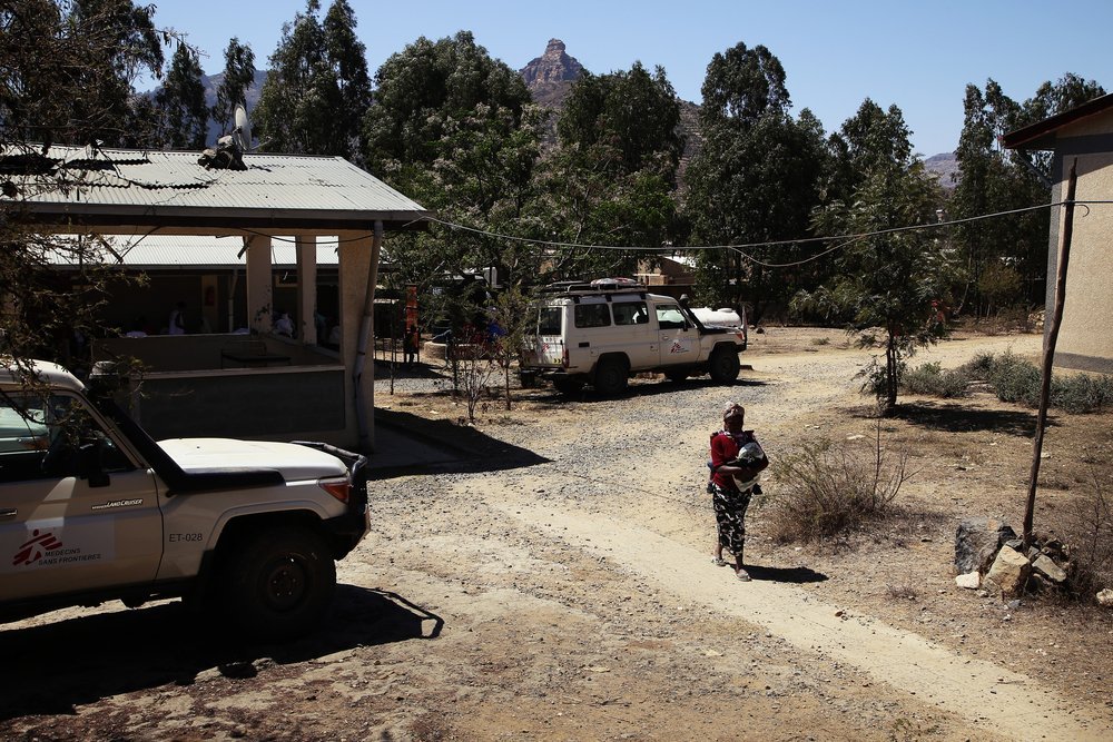 An MSF vehicle is parked in front of the health centre in Sebeya town, in the northern Ethiopian region of Tigray.