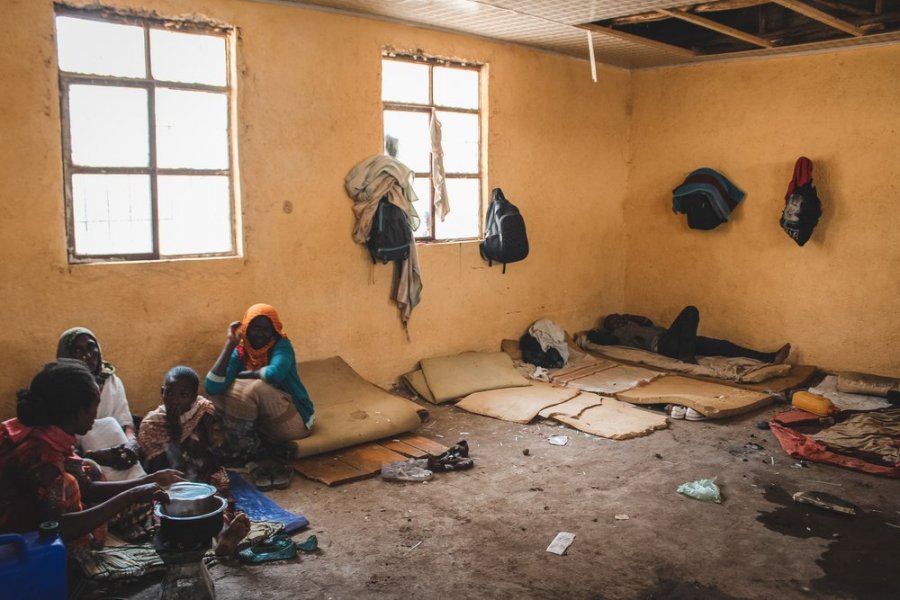 Displaced people live in classrooms of a primary school in the center of Shire. 15th of February 2021. 
