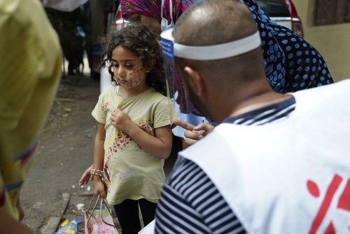 Samar is 3 years old. On the day before this photo was taken, Samar and her father came to the MSF medical point to receive wound care. 