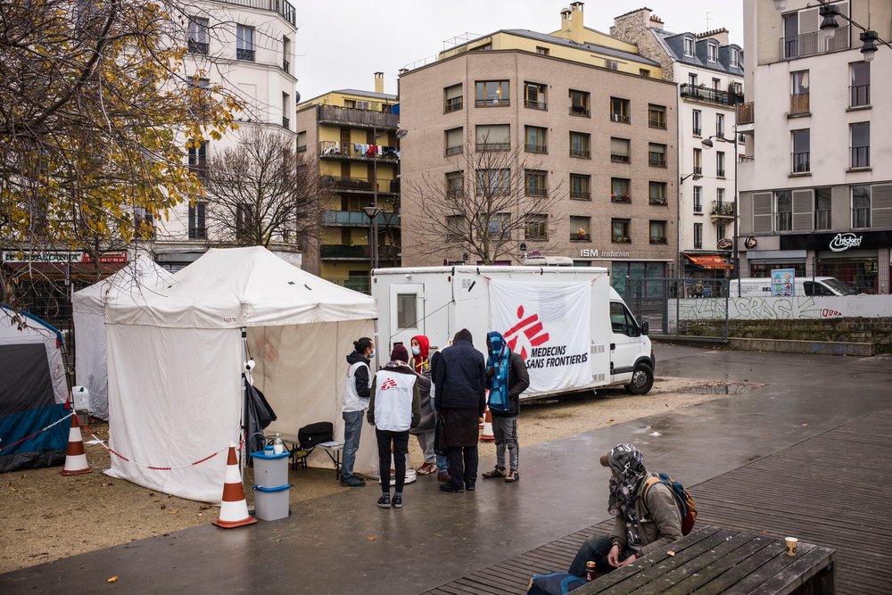 Mobile clinic of Medecins Sans Frontieres (MSF) in Paris, Eole garden, Stalingrad.
