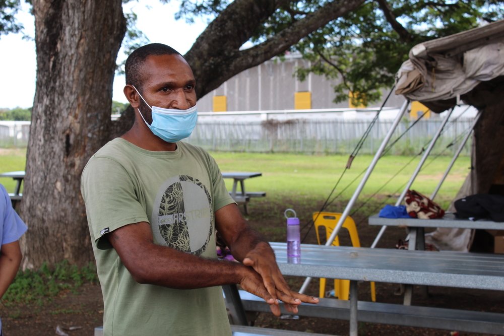 MSF are taught the basics of how to thoroughly wash hands using soap or sanitizer by MSF staff during a training in safe use of PPE which is held in Port Moresby for newly hired staff members. 