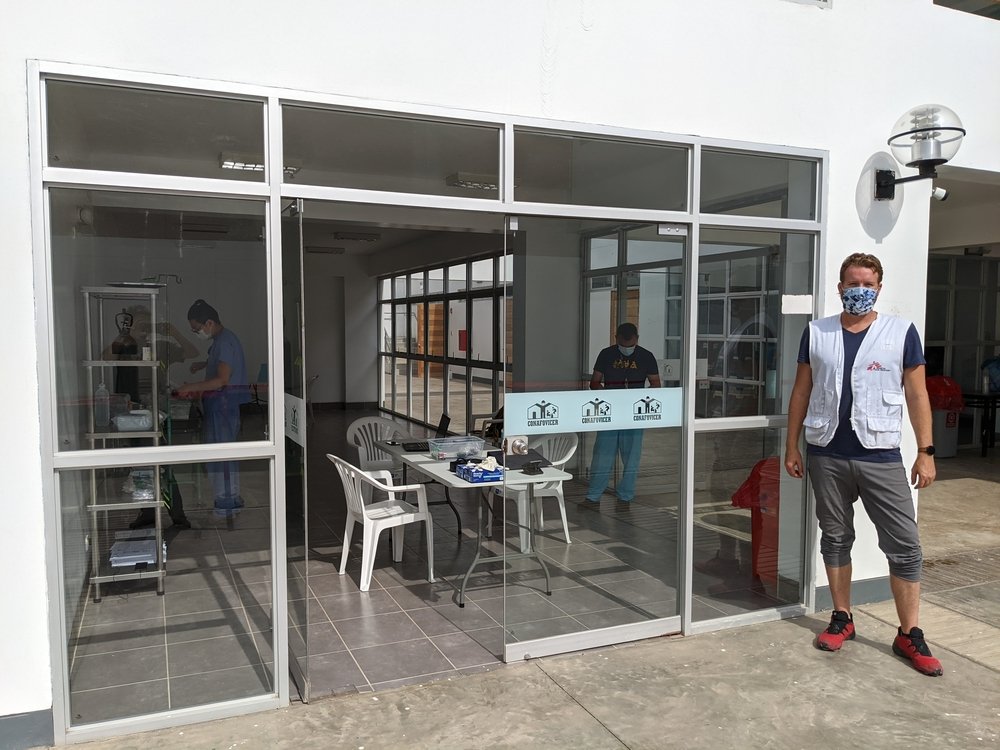 An MSF staff in front of the newly opened centre for temporary isolation and oxygenation in Huacho, Huaura province, Peru. The 50-bed facility has been quickly set up to support nearby Huacho regional hospital.