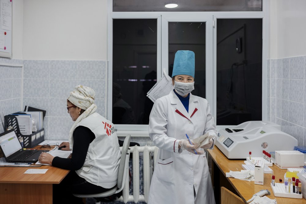 MSF and Ministry of Health lab technicians are preparing results in the lab, newly renovated by MSF