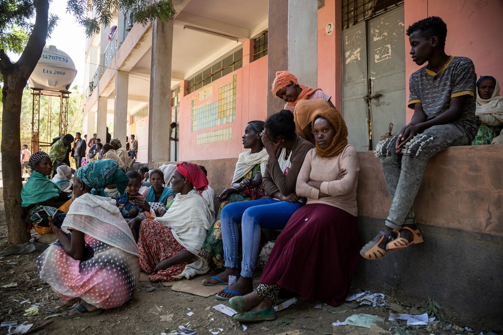 Displaced people wait at Tsegay Berhe school, in the city of Adwa in central Tigray.