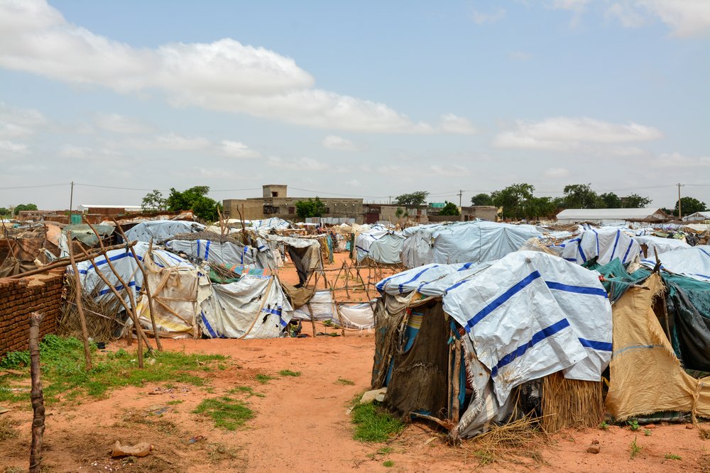 Shelters at the Sudan Open University gathering site area, where thousands of people displaced by intercommunal violence have sought safety.