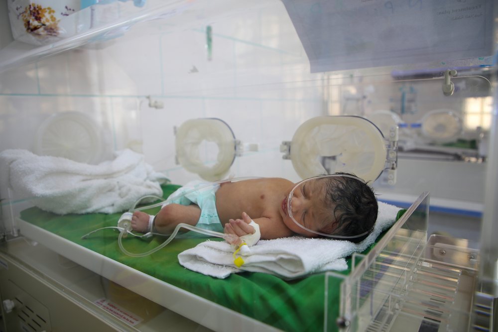 Newborn daughter of Aiesha*, admitted to the special care unit for critical care for respiratory distress at Al-Jamhouri hospital supported by MSF in Taiz City, Yemen.