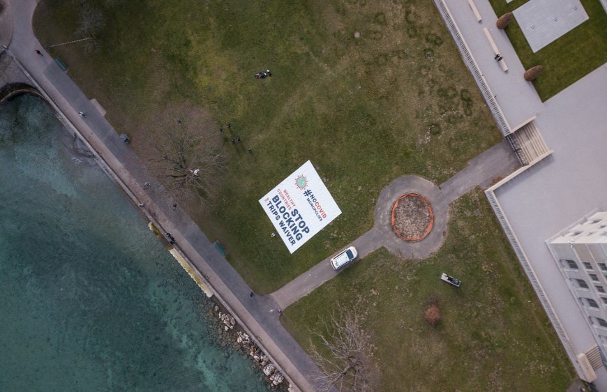 Aerial view of the banner deployed by MSF in front of the World Trade Organization (WTO) in Geneva calling on certain governments to stop blocking the landmark waiver proposal on intellectual property during the pandemic. March 04, 2021.