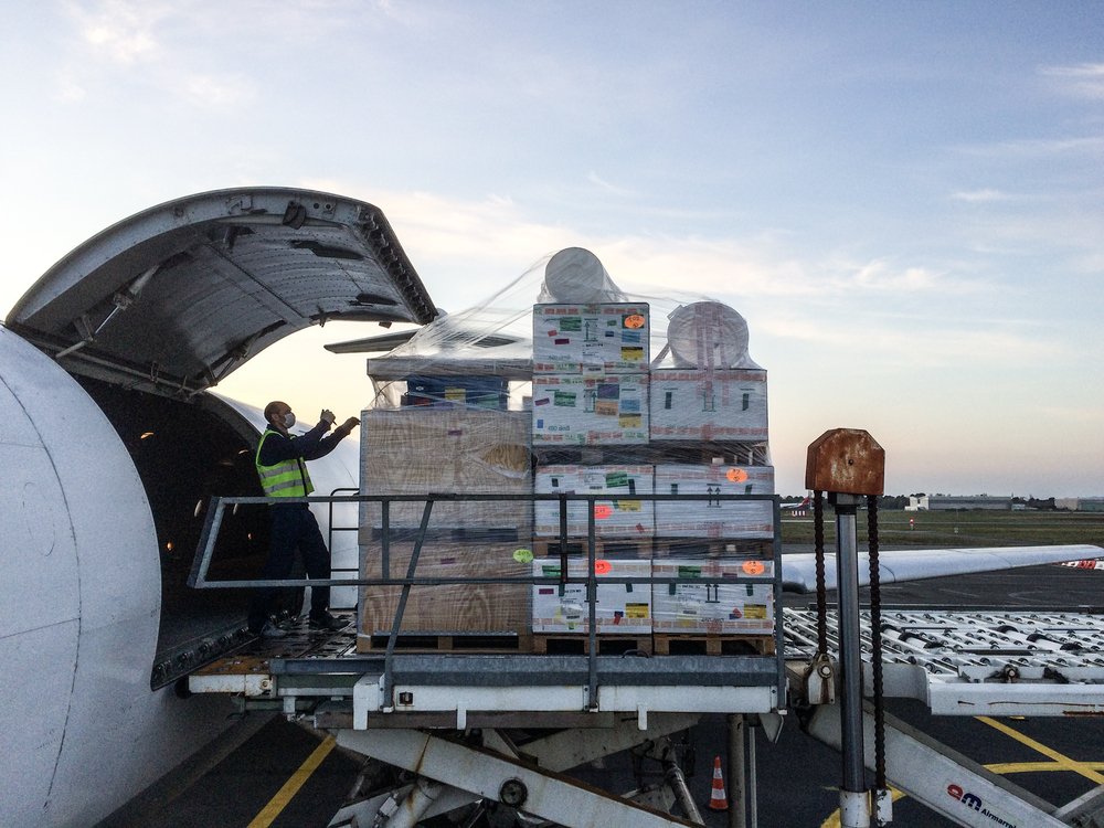 MSF teams are loading medical equipment including inflatable hospital in Merignac airport on 21 March 2020 to be sent to Isfahan, Iran to respond to the Coronavirus pandemic.