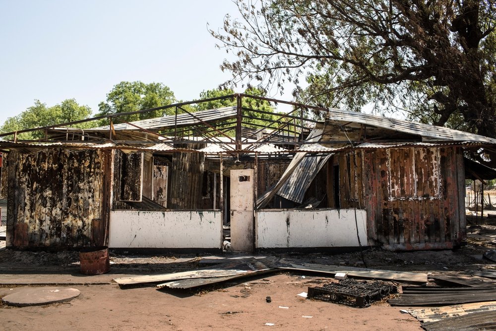 The burned and destroyed office at the MSF hospital in Leer, South Sudan, February 23, 2014.  The hospital was thoroughly looted, burned, ransacked, and effectively destroyed, along with most of Leer. 