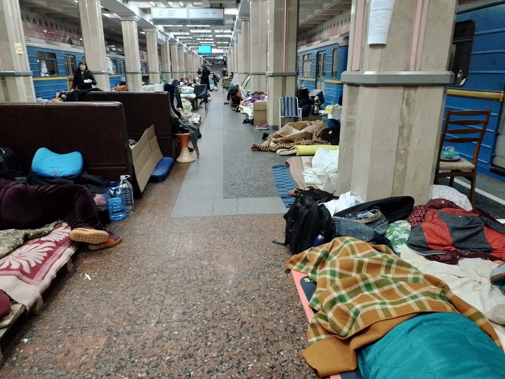 Makeshift beds lining the platform in one of Kharkiv&#039;s Metro stations in Ukraine. (April, 2022).