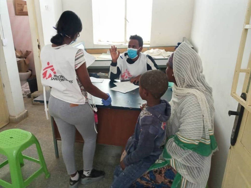 An MSF nurse and a translator prepare a donation of medical materials in Megab, south-west of Adigrat town, in the Tigray region of northern Ethiopia.