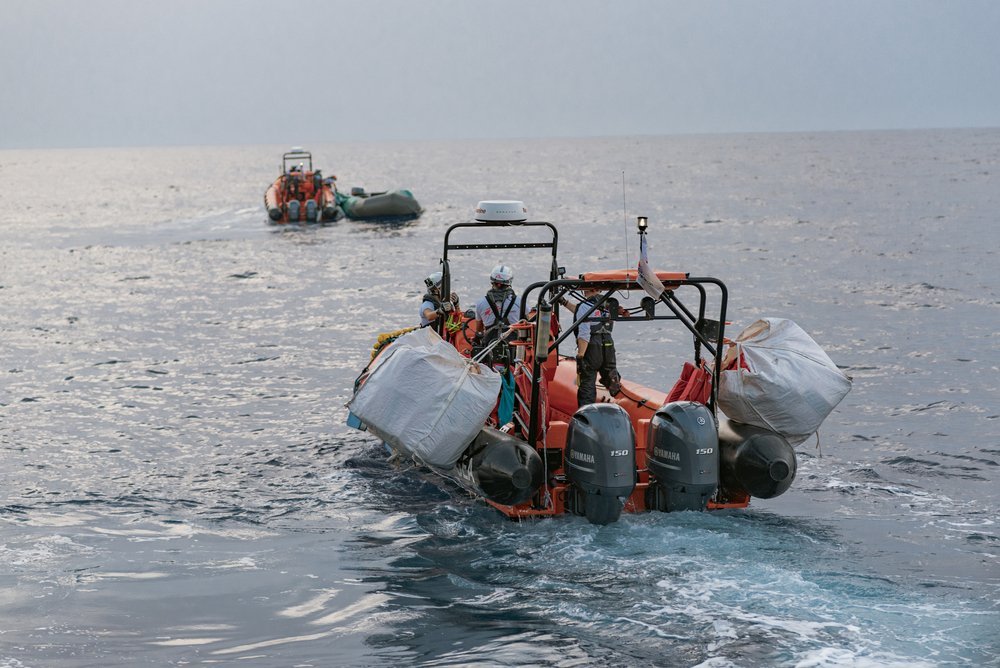 MSF teams after having completed the rescue of 95 people on a rubber boat that was about to be intercepted by the Libyan Coast Guard, on October 23.