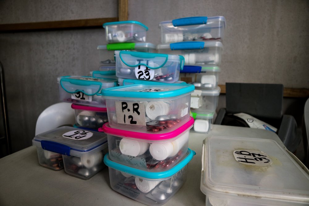 Medication prepared for tuberculosis patients who pass by the clinic to take their medicine under direct observation.
