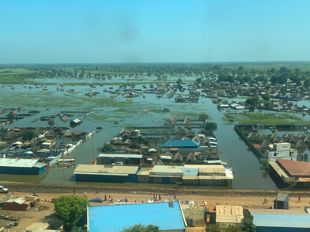 Aerial view of flooding across Bentiu town, Unity state.