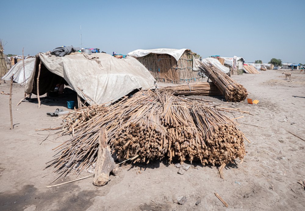 Basic shelter in a makeshift displaced persons camp in Bentiu town, Unity state.