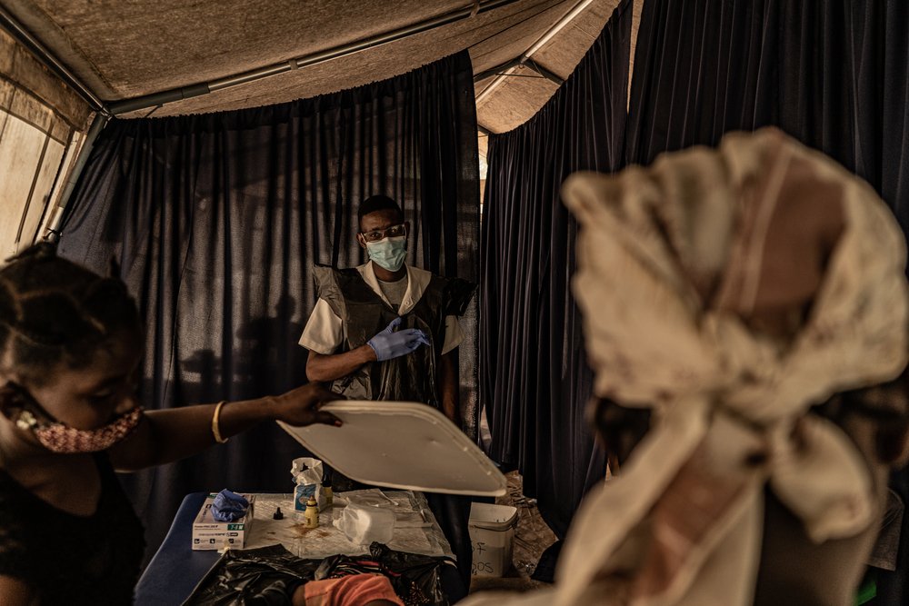 MSF fieldworker Joel, is seen inside a mobile clinic set up in the Nicuapa camp for internally displaced people in northern Mozambique’s Cabo Delgado province.