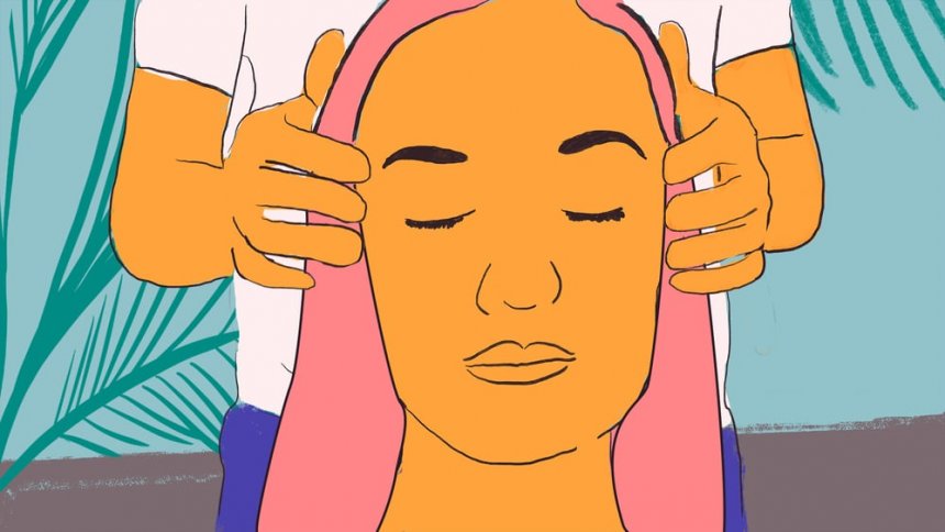 Illustration of a woman having her head massaged.