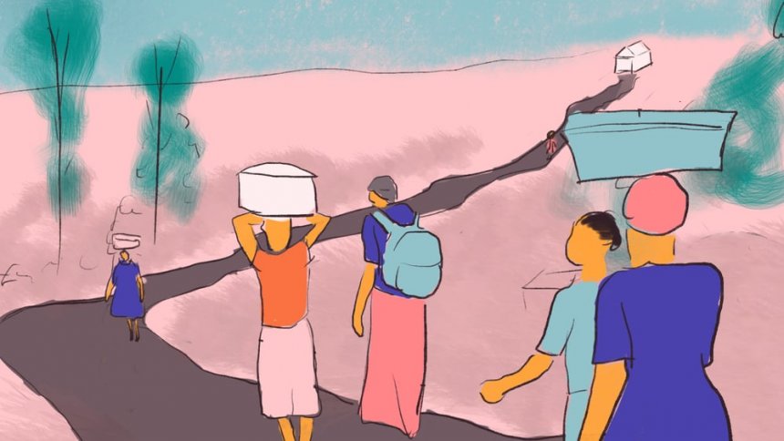 Illustration of women and girls travelling along a long road, with a healthcare facility in the distance.