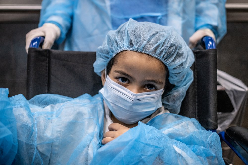A 4-year-old Hala, Inside the MSF limb reconstruction unit at Al-Awda hospital, four-year-old Hala is taken to the operating theatre for her fifth surgery, since the car accident that crushed her foot on 14 July 2021.