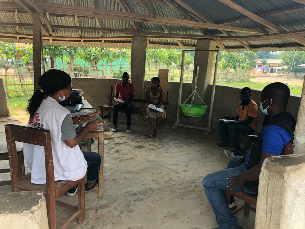 Rita M. Nelson, MSF infection prevention and control nurse, spoke at a clinic in Louguatou, Nimba county, Liberia, as part of an effort to improve preparedness for a potential Ebola outbreak.
