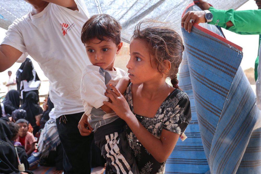 Displaced children in northern Abs, where MSF operated mobile clinics to provide consultations, vaccinations and referrals to the hospital we support there. Yemen, April 2019.