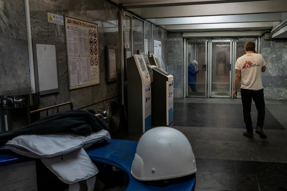 An MSF staff is on the phone in a metro station serving as shelter, in Kharkiv, Ukraine. (April, 2022).