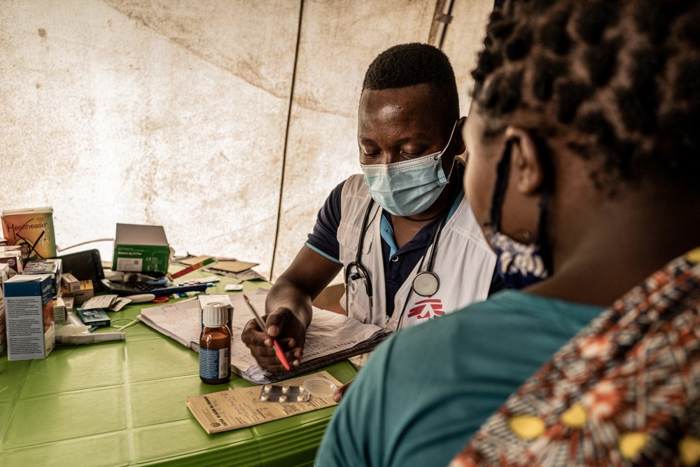 Physician, Nazario Jaime, is seen during a consultation with a patient living in the Nicuapa site in Cabo Delgado province. The camp is now home to internally displaced people who have been forced to flee fighting in Mozambique’s northern most province.