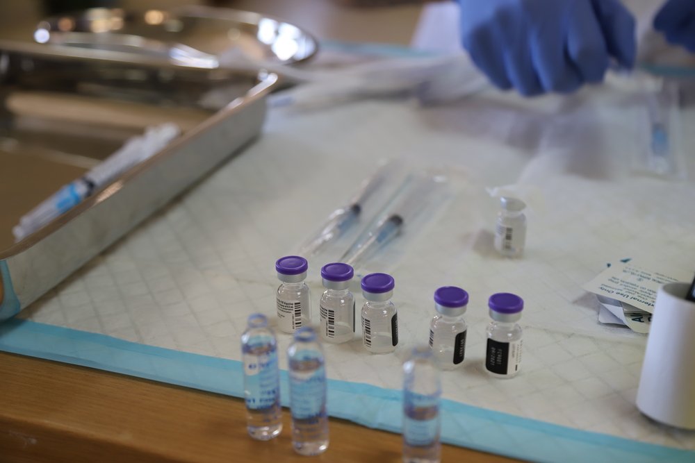 Doses of COVID-19 vaccines are being prepared before the vaccination of elderly people and of their caretakers at a nursing home in Shayle (Mount Lebanon).