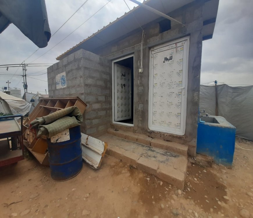A shared toilet in Laylan 1 camp in Kirkuk Governorate, Iraq.