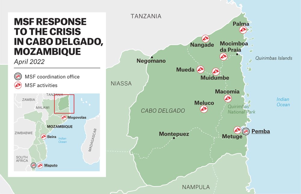 Map indicating the different projects MSF has in the province of Cabo Delgado, Mozambique. (April, 2022).