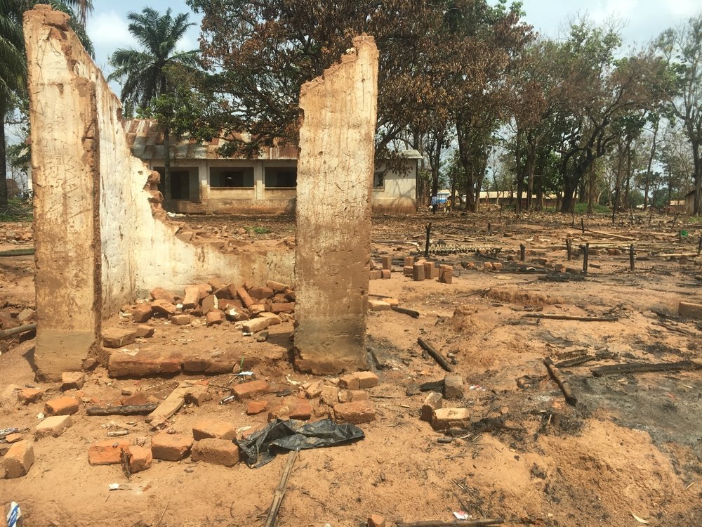 Shelters were burnt to the ground at Elevage, a makeshift camp set up in 2013 on the outskirts of Bambari town, which hosted 8,500 displaced people until it was destroyed in early June. 15 June 2021.