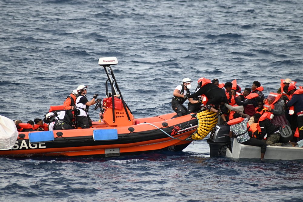 After a distress call from Alarm Phone, 99 survivors were rescued by the Geo Barents at approx 30 miles from the Libyan shores. (November, 2021).