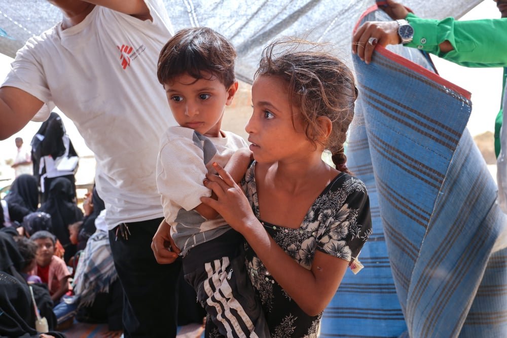 Displaced children in northern Abs, where MSF operated mobile clinics to provide consultations, vaccinations and referrals to the hospital we support there. Yemen, April 2019.